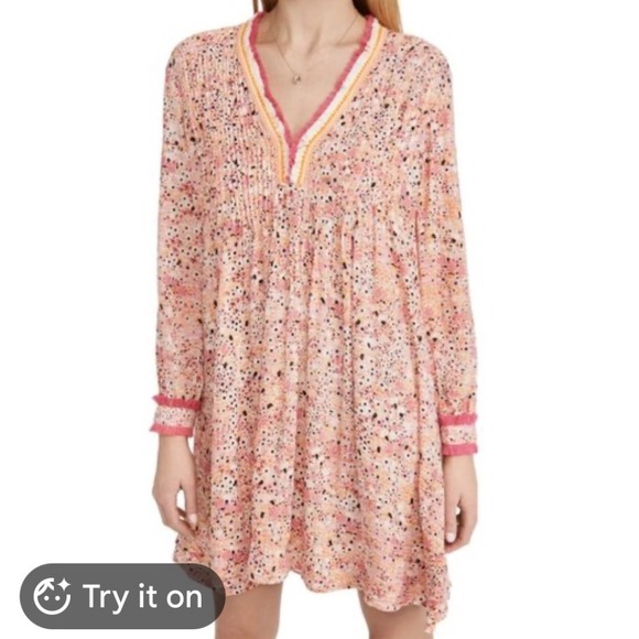Poupette St Barth Dresses & Skirts - Poupette St Barth Mini Dress M Pink Orange Floral Fringe Pintuck V-Neck Boho